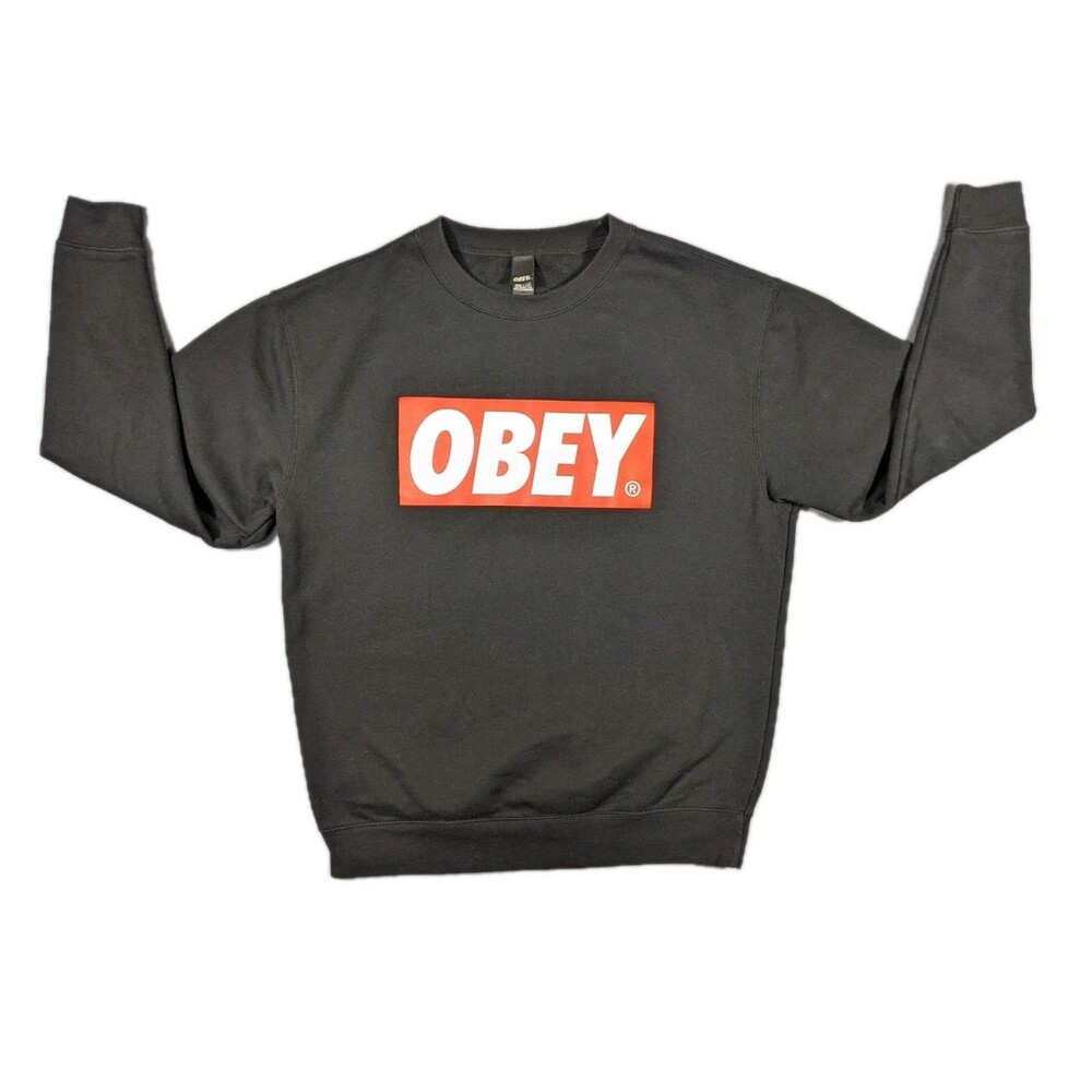 Obey Black Sweater Mens Size L Logo Box Graphic Long Sleeve Crew Neck Pullover